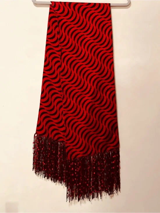 Silk Abstract Scarf with Knotted Fringe