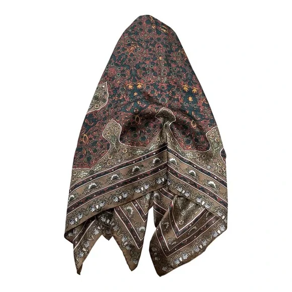 Vintage Style Brown Floral Medallion Square Silk Scarf Boho Earth Tone 34x34