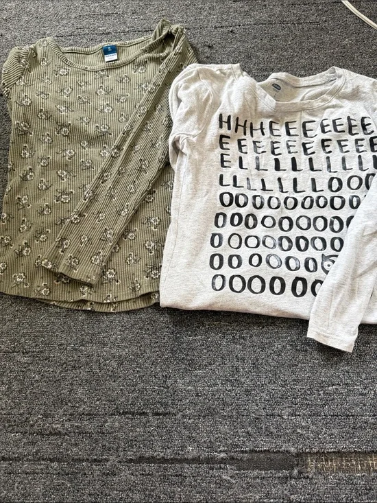 Old Navy Olive Green Floral Ribbed Long-Sleeve Top and Cream Letter Print Tee
