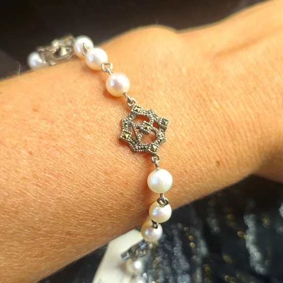 Judith Jack Bracelet Sterling Silver Marcasite Logo and pearl like beads…