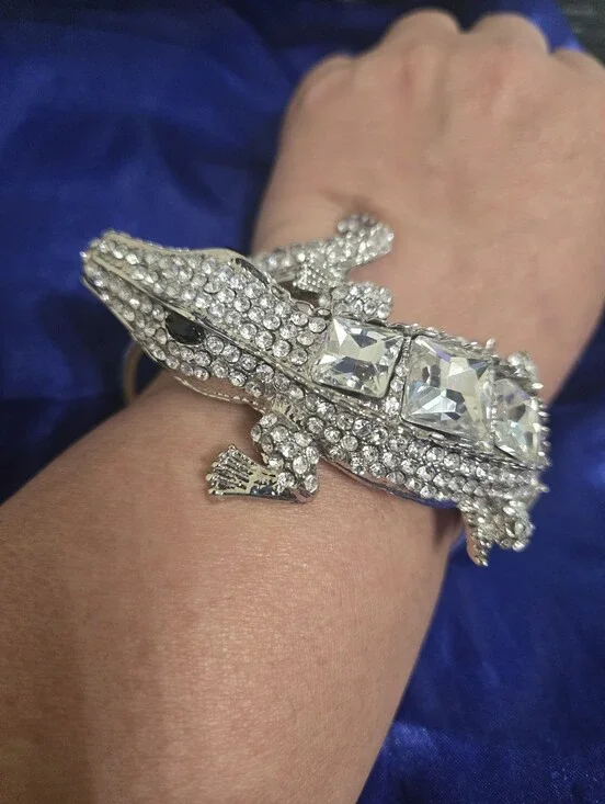 Crystal Alligator Cuff Bracelet - Silver Rhinestone
