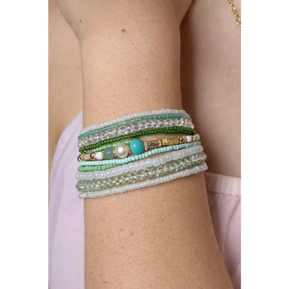 Boho‎ Green Beaded Bracelet Stack Set Stretch Bracelets Coastal Summer Jewelry