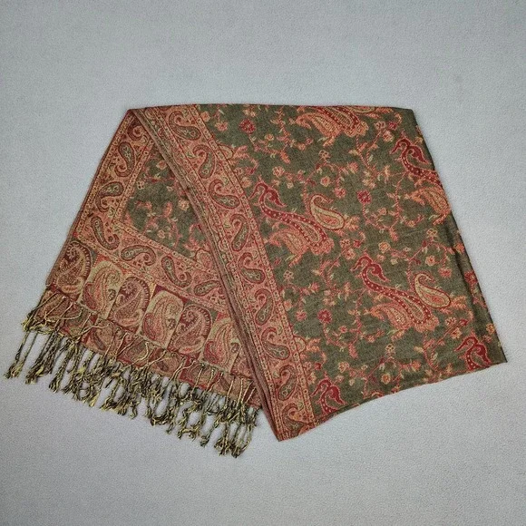 Cashmere Silk Scarf Shawl Paisley Sage Red Fall Vibes Fringe XL 27x72 Pashmina