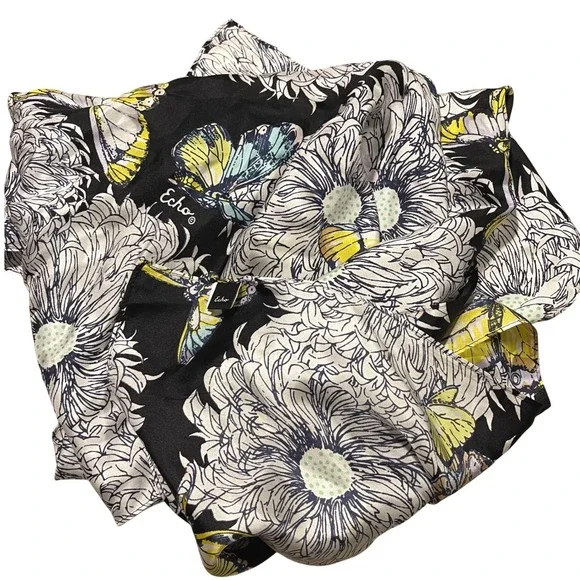 Echo Silk Scarf Butterfly Floral Print Black‎ Yellow Blue Women's Accessory