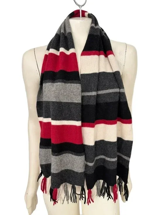 ANN TAYLOR Cashmere Wool Silk Tasseled Scarf Gray Red White Black Stripe