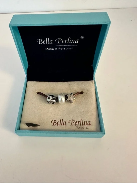 Bella Perlina Silver Soccer Star Leather Bracelet