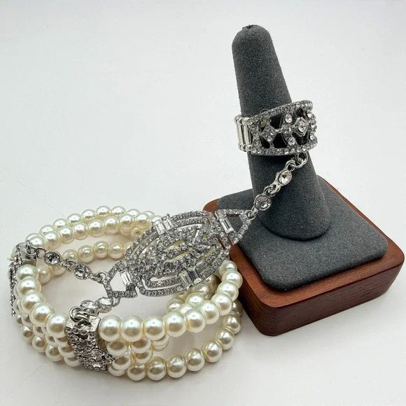 Vintage 50s Style‎ Triple Row Faux Pearl Rhinestone Statement Bracelet Jewelry