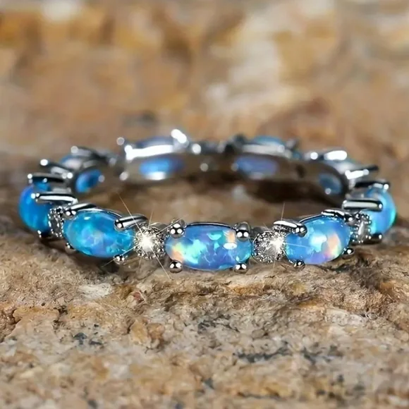Ladies Elegant Blue Opal Silver Ring