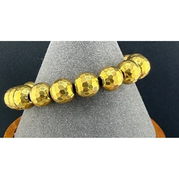 Glass Beaded Bracelet Stretch Band Gold Tone Faceted Size 7