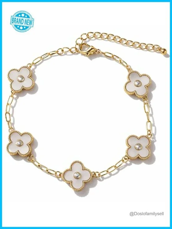18K Gold Plated Reversible Clover Bracelet Double-Sided Floral Charm