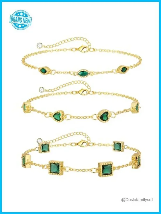 14K Gold Plated Dainty Link Bracelet Set with Green CZ Stones Stackable Jewelry