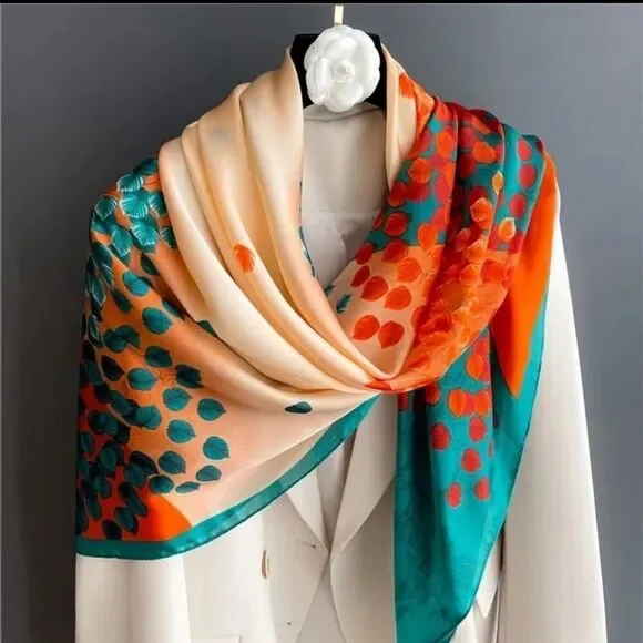 TURQUOISE silky orange bright happy leaf scarf