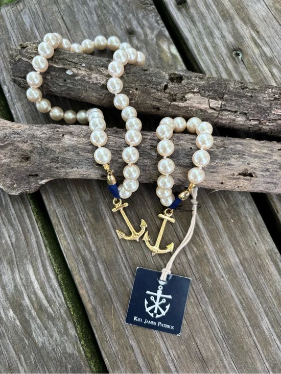 Kiel James Patrick Pearl Bead Necklace with Gold Anchor Charm and Navy Accent