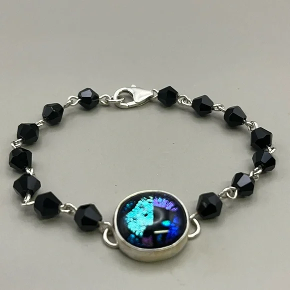 Black and Sterling Silver Beaded Bracelet with Fused Glass Center as an Accent
