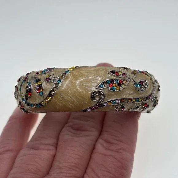 Vintage Rhinestone Bracelet Cream Marbled Enamel Hinged Clamper Art Nouveau READ