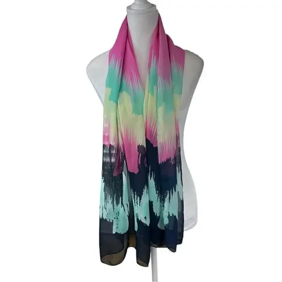 Liang Dian Silk Blend Scarf 19 X 61 Pink yellow Green Black
