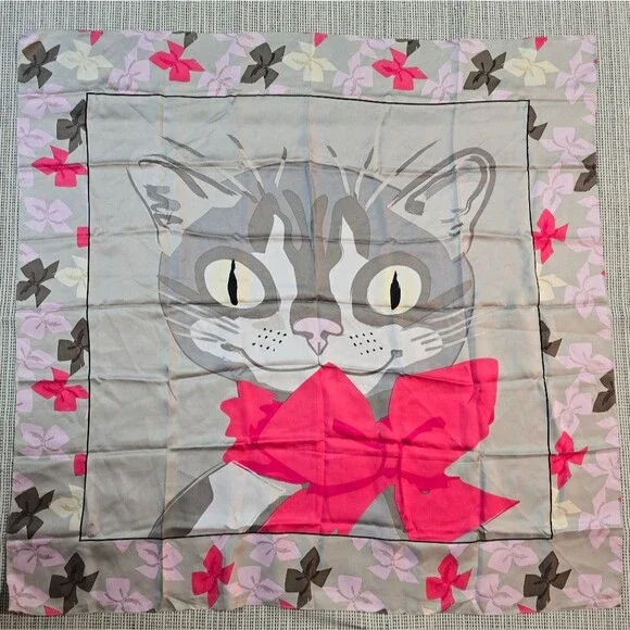 Vintage Very Vollbracht Silk Extra Large Square Scarf Wrap Cat With Bow 41 x 42