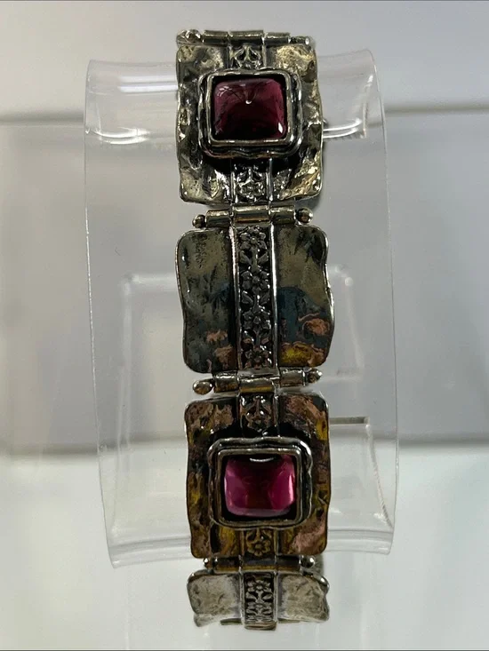NWT Passage To Israel Hammered Panel Link Genuine Garnet Gemstone Bracelet