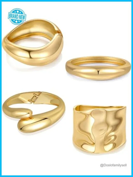 4 Chunky Gold Plated Wide Hinged Cuff Bangle Bracelets Stackable Open