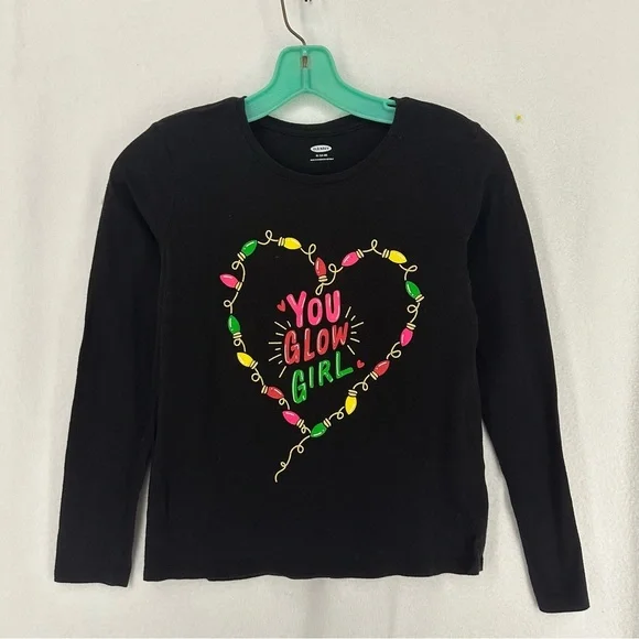 Old Navy You Glow Girl Christmas Lights Long Sleeve Shirt‎ Girls XL Black
