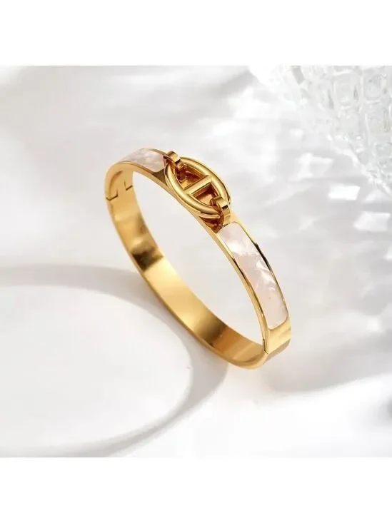 Elegant Gold Tone Inlay Bracelet | Pearl White Detail , Pig Nose