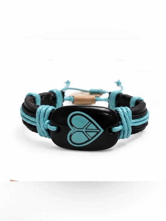 Black Leather & Turquoise Peace Heart Bracelet | Adjustable Unisex