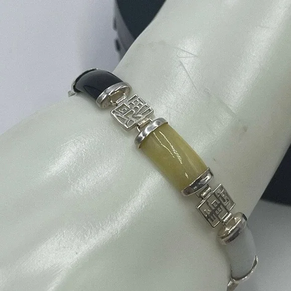Vintage 1960's Signed Chinese Jadeite Sterling Panel Link Bracelet 7.5