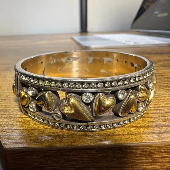 Brighton Two Tone Heart‎ Bangle Bracelet Silver Gold Crystal Accents Filigree