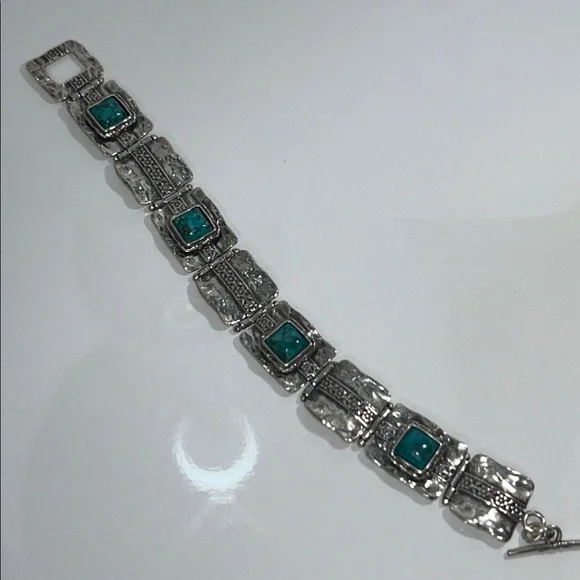 NWT Hammered Link Sterling Silver Turquoise Gemstone Designer Bracelet