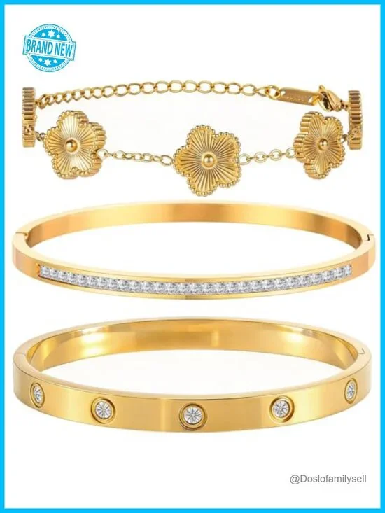 18K Gold Plated Bangle Bracelet Set Stackable Gold Clover Women