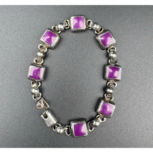 Mexico 925 Sterling Silver Purple Cabochon Link Bracelet 27.4g Vintage 7