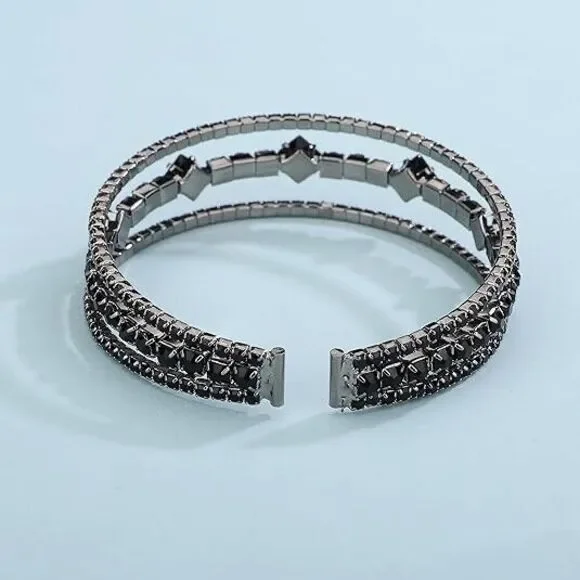 Vintage Elegant Black Multi Row Crystal Pearl Cuff Rhinestone Bridals‎ Crystal