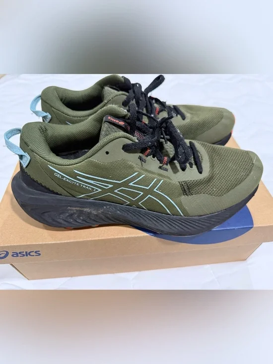Asics Olive Green Gel Excite Trail 2 Running Shoes with Light Blue Accents