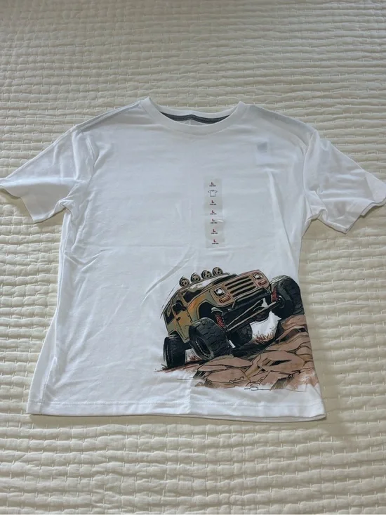 Old Navy White Tee with Yellow & Black Off-Road Truck Graphic