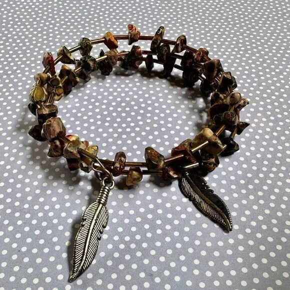 Leopard skin Jasper wrap around leaf charm bracelet