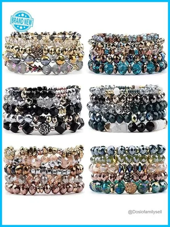 Bohemian Crystal Beaded Stretch Bracelet Set - 6 Pack Multilayered