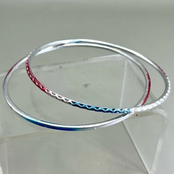 Modern Silver and Pink and Blue Bangle Bracelets