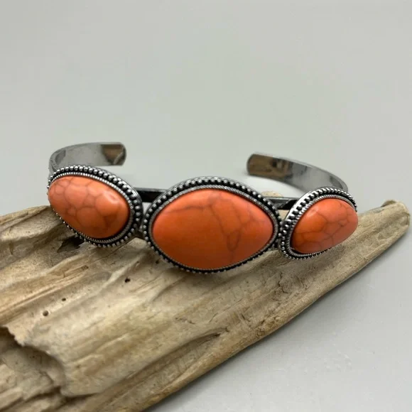 Elegant Unpolished Orange Stone Silver Toned Bracelet