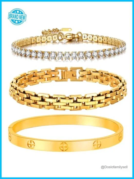 18K Gold Plated CZ Bangle Set Stainless Steel Love Bracelets