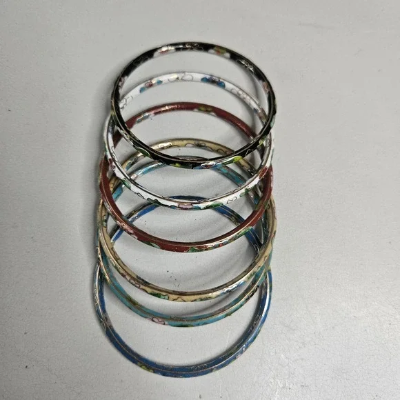 Vintage Cloisonne Enamel Floral Bangle Bracelets‎ Set of 6 Multicolor Stackable