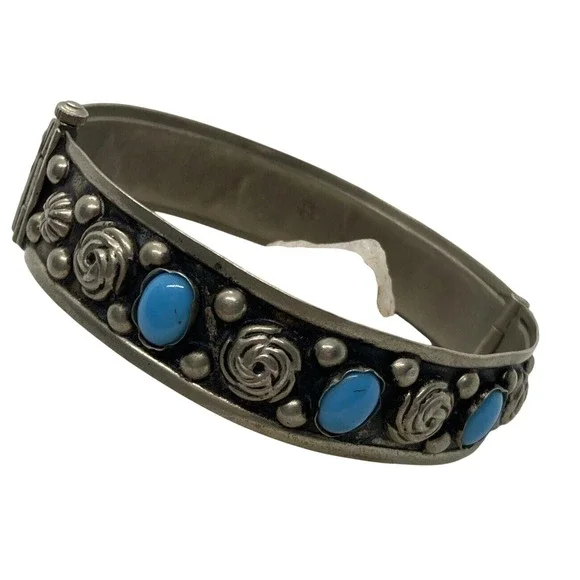 Vintage Alp Italy Bangle Bracelet Blue Accent Pin Closure Repousse Flower Design