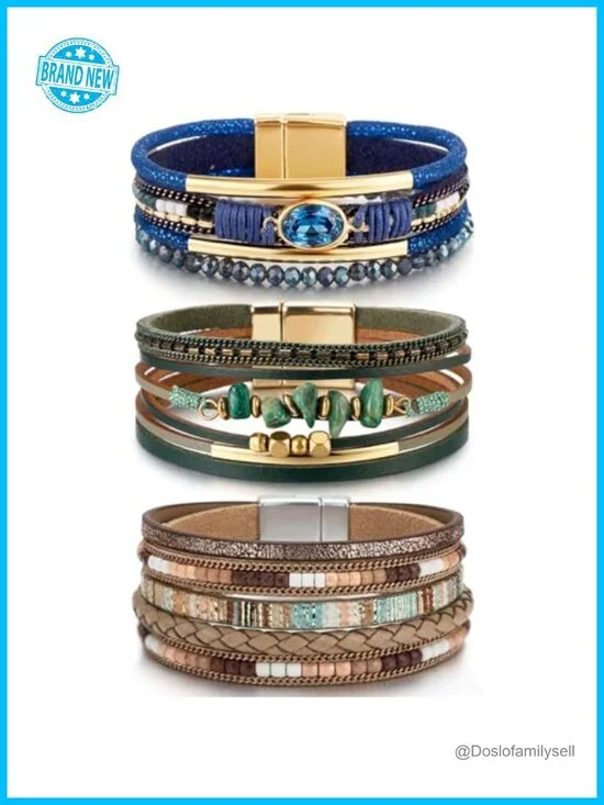 3pcs Leather Wrap Bracelets Boho Multi-Layer Crystal Beads Stone Cuff Bracelet