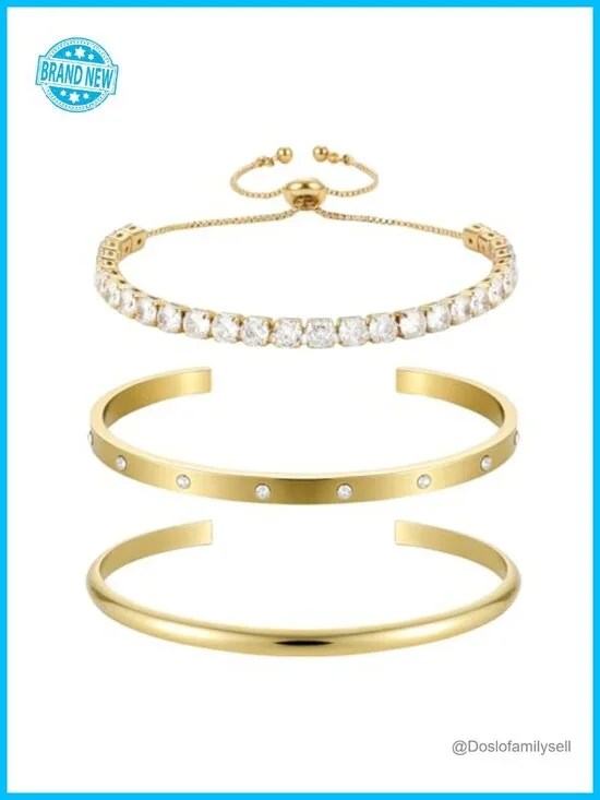 14K Gold Plated Adjustable Slider Cuff Bangle Bracelet Set | Stackable Trendy