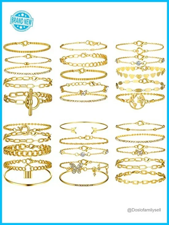 30 Layered Paperclip Link Bracelets Set Gold Alloy Adjustable Stackable