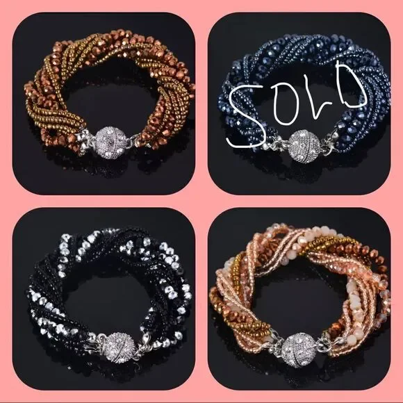 FASHION BROWN MULTILAYER‎ CRYSTAL BEADS BRACELET WITH MAGNETIC CLOSURE