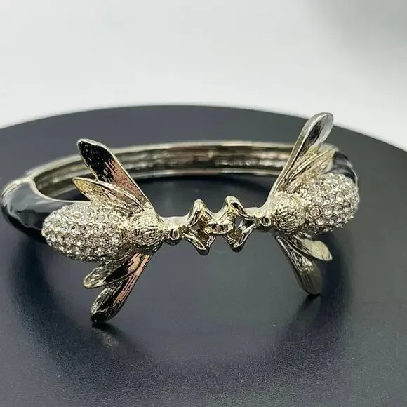 Rhinestone‎ Pave Bumblebee Black Enamel Gold Hinged Cuff Large Vintage