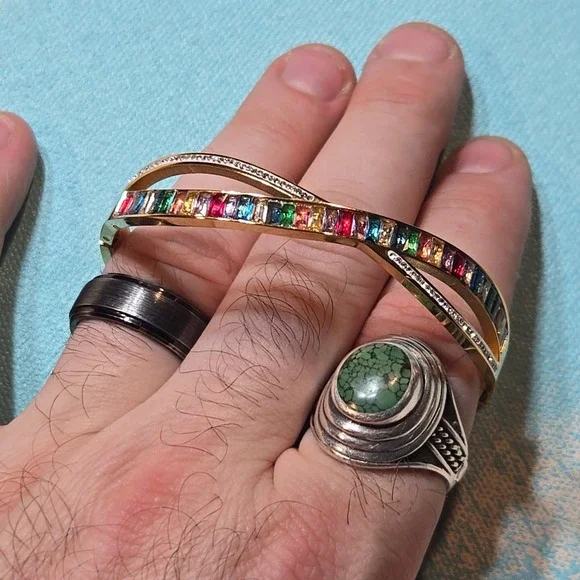 Costume Bracelet Rainbow CZ‎ Gold Tone Y2K Bangle Color Stones Alt Snap Bracelet