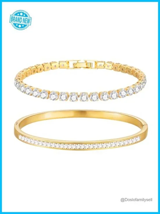 2Pcs 18K Gold Plated Cubic Zirconia Bangle Tennis Bracelet Stackable Set
