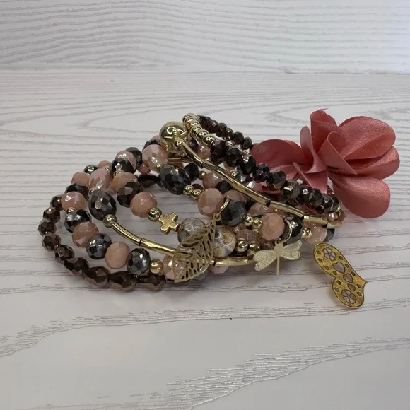 NEW handmade Elegant Gold ,Pink and brown chezco crystal‎ Beaded slinky Bracelet