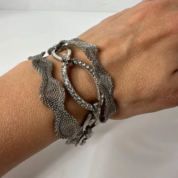 Layered Silver Tone Mesh Bracelet Multi‎ Strand Rhinestone Oval Statement Event